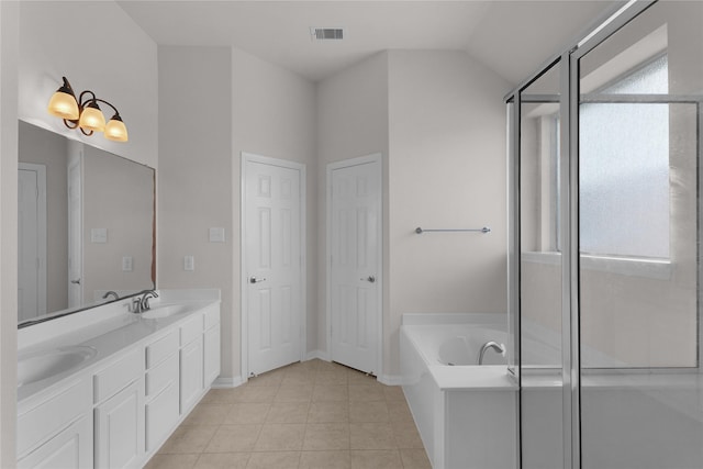 13406 Georgia Hollow Ct, Rosharon, TX 77583 - bathroom with a bath, double vanity, baseboards, tile patterned floors, and a shower with door