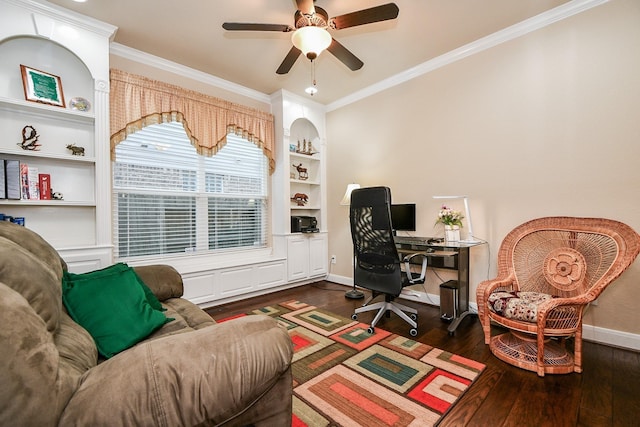 28030 Sugarside Glen Dr, Katy, TX 77494 - office featuring crown molding, wood-type flooring, a ceiling fan, baseboards, and built in features