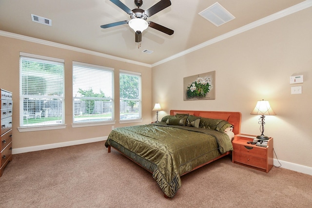 28030 Sugarside Glen Dr, Katy, TX 77494 - bedroom with baseboards, light carpet, multiple windows, crown molding, and a ceiling fan