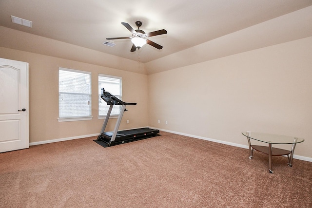 28030 Sugarside Glen Dr, Katy, TX 77494 - exercise area with carpet flooring, baseboards, and ceiling fan