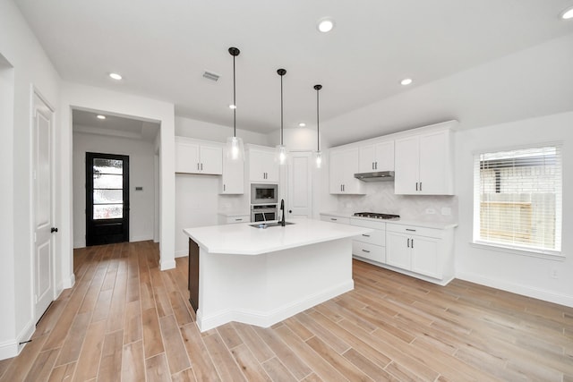 15885 Hayes Market Loop, Conroe, TX 77302 - kitchen featuring light countertops, under cabinet range hood, white cabinets, appliances with stainless steel finishes, and light wood-style floors