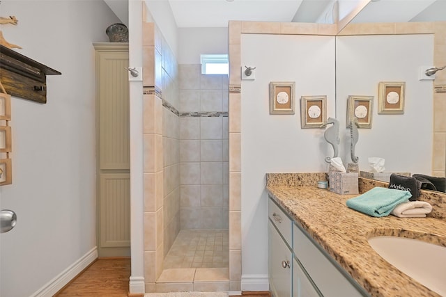 839 S Monkhouse Dr, Crystal Beach, TX 77650 - bathroom with vanity, walk in shower, wood finished floors, and baseboards