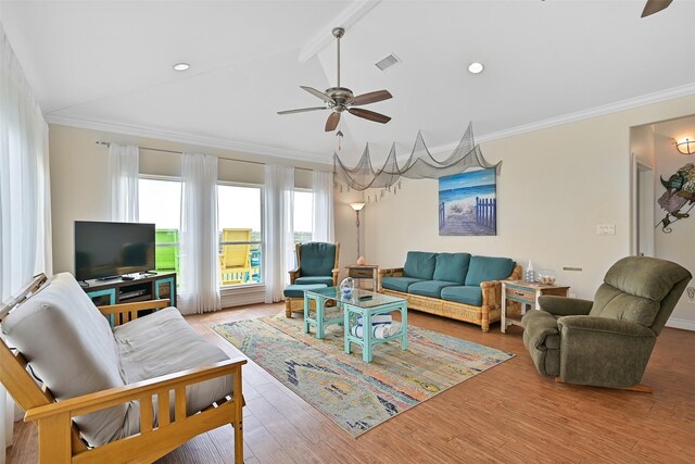 839 S Monkhouse Dr, Crystal Beach, TX 77650 - living area featuring ceiling fan, wood finished floors, and crown molding