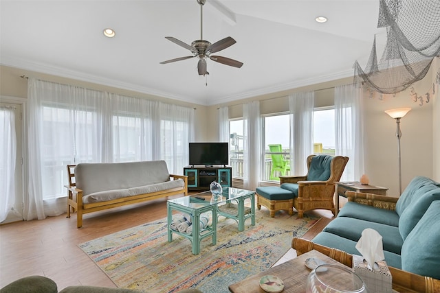 839 S Monkhouse Dr, Crystal Beach, TX 77650 - living area with ceiling fan, wood finished floors, crown molding, and recessed lighting