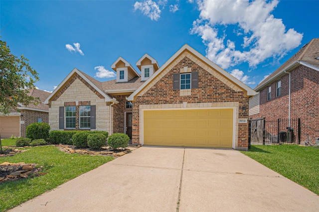 3934 Medici Ct, Missouri City, TX 77459 - traditional-style home with driveway, an attached garage, brick siding, stone siding, and a shingled roof
