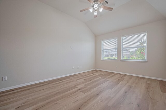 3934 Medici Ct, Missouri City, TX 77459 - empty room featuring lofted ceiling, light wood-type flooring, baseboards, and ceiling fan