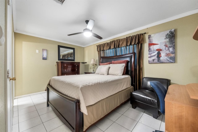 9450 Fuqua St, Houston, TX 77075 - bedroom featuring light tile patterned floors, ornamental molding, ceiling fan, and baseboards