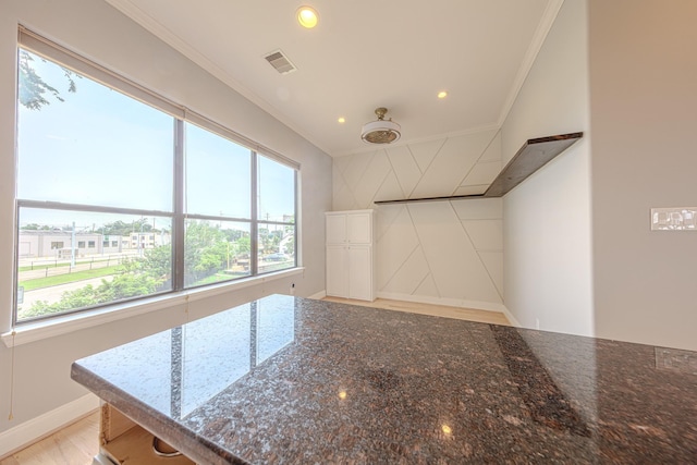1205 Sampson St, Houston, TX 77003 - kitchen featuring crown molding, dark stone counters, light wood-style flooring, and recessed lighting