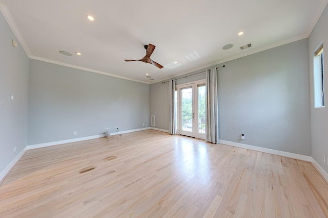 1205 Sampson St, Houston, TX 77003 - spare room featuring ceiling fan, light wood-type flooring, ornamental molding, and recessed lighting