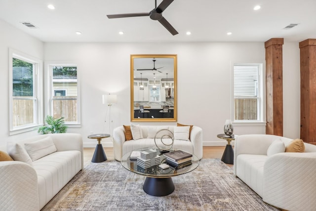 412 Hawthorne St, Houston, TX 77006 - living area featuring a ceiling fan, wood finished floors, recessed lighting, and baseboards