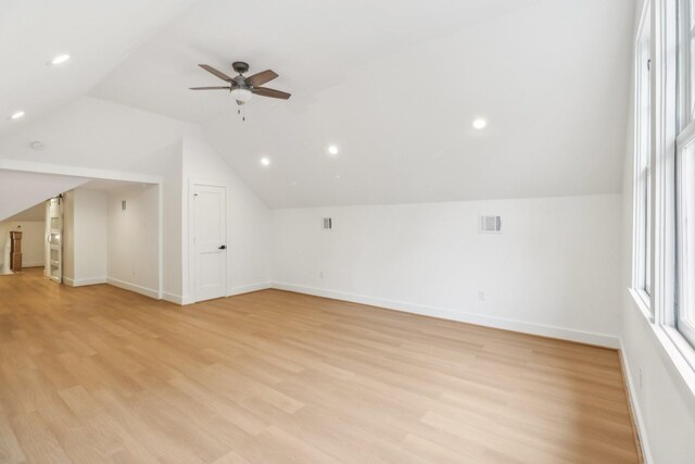 412 Hawthorne St, Houston, TX 77006 - bonus room featuring a ceiling fan, vaulted ceiling, light wood-style floors, baseboards, and recessed lighting