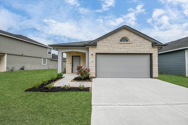 1110 Bending Trail Dr, Tomball, TX 77375 - view of front facade with concrete driveway, a front yard, a garage, and stone siding