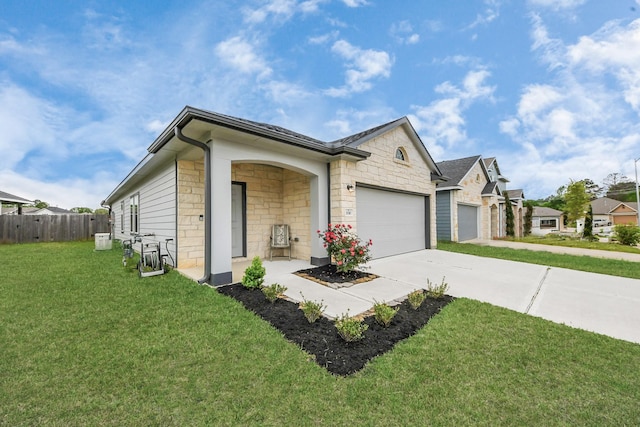 1110 Bending Trail Dr, Tomball, TX 77375 - ranch-style house featuring stone siding, concrete driveway, and an attached garage