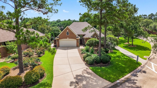 44 Vinebrook Rd, The Woodlands, TX 77380 - view of front facade with brick siding, a garage, driveway, and a front yard