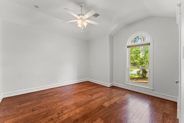 44 Vinebrook Rd, The Woodlands, TX 77380 - unfurnished room featuring hardwood / wood-style flooring, ceiling fan, vaulted ceiling, and baseboards