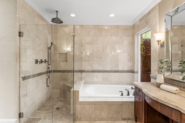 44 Vinebrook Rd, The Woodlands, TX 77380 - bathroom featuring vanity, a garden tub, crown molding, a shower stall, and recessed lighting