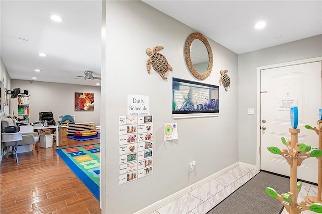 5302 Treaschwig Rd, Spring, TX 77373 - rec room with recessed lighting, ceiling fan, baseboards, and wood finished floors
