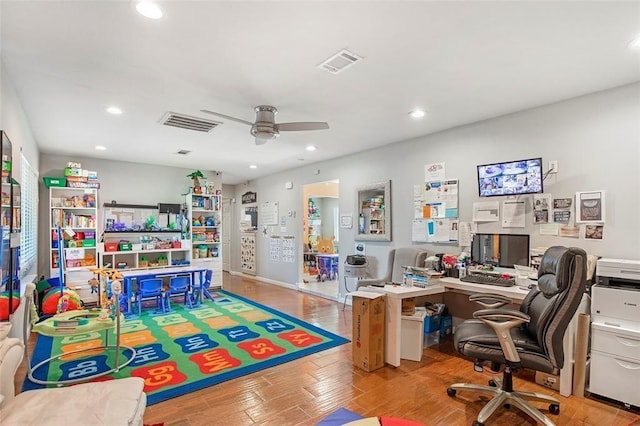 5302 Treaschwig Rd, Spring, TX 77373 - office area featuring a ceiling fan, recessed lighting, and wood finished floors