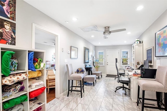 5302 Treaschwig Rd, Spring, TX 77373 - office area featuring ceiling fan, recessed lighting, light marble finish floors, and baseboards