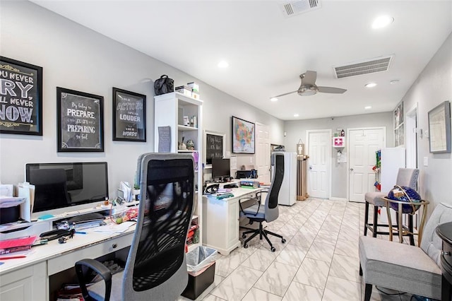 5302 Treaschwig Rd, Spring, TX 77373 - office with light marble finish flooring, ceiling fan, and recessed lighting