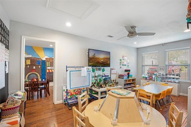 5302 Treaschwig Rd, Spring, TX 77373 - rec room featuring ceiling fan, wood finished floors, recessed lighting, and baseboards