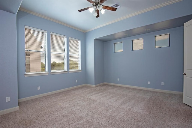 9948 Woodwind Ln N, Houston, TX 77025 - empty room featuring crown molding, carpet, ceiling fan, and baseboards