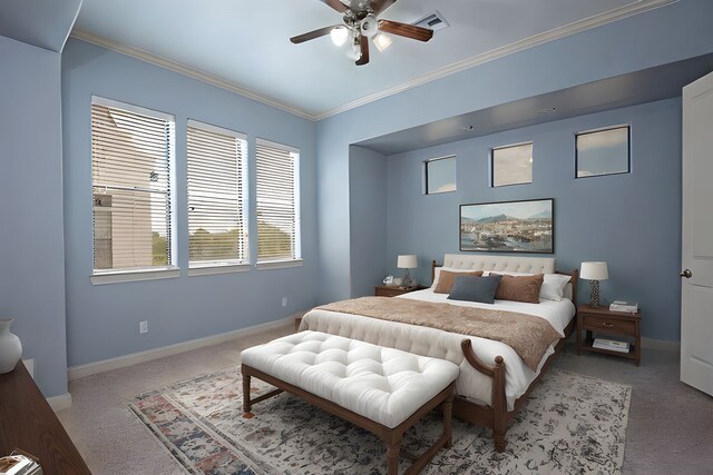 9948 Woodwind Ln N, Houston, TX 77025 - bedroom featuring carpet floors, ornamental molding, baseboards, and ceiling fan