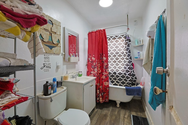 702 72nd St, Houston, TX 77011 - bathroom featuring wood finished floors, vanity, and shower / bathtub combination with curtain