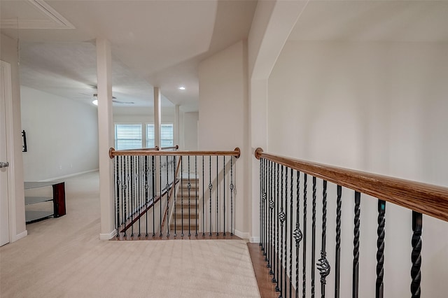 13322 Mesquite Stone Ln, Richmond, TX 77407 - hall featuring attic access, an upstairs landing, baseboards, carpet floors, and recessed lighting