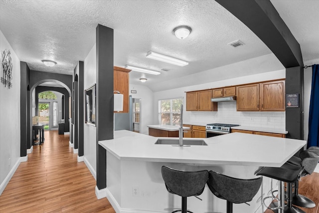 11411 Sugarbush Ridge Ln, Houston, TX 77089 - kitchen featuring arched walkways, stainless steel range, under cabinet range hood, a textured ceiling, and light wood-type flooring