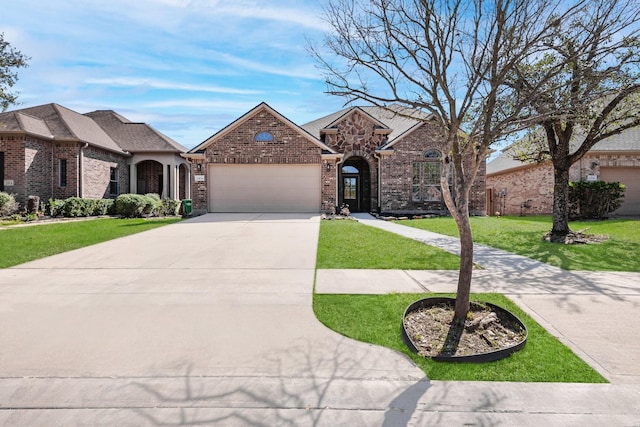 23135 Tranquil Springs Ln, Katy, TX 77494 - french country style house with a garage, a front lawn, driveway, and brick siding