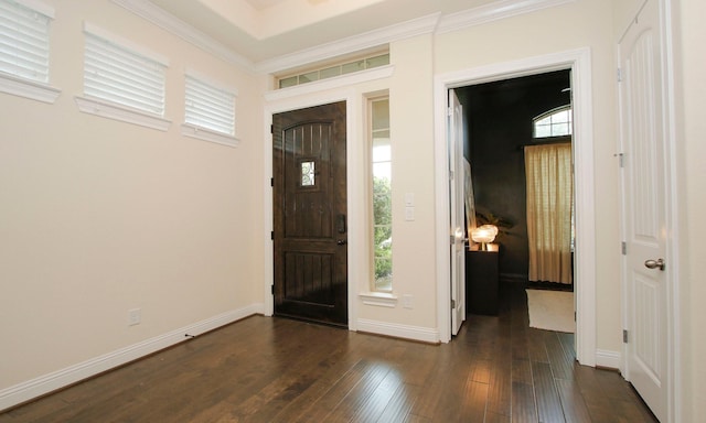 8823 Leaning Hollow Ln, Spring, TX 77379 - foyer entrance with dark wood-style flooring and ornamental molding