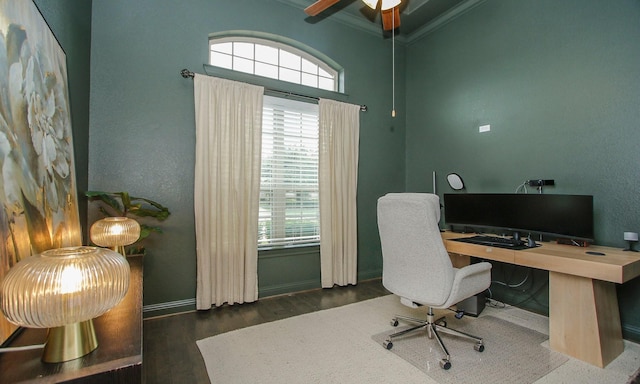 8823 Leaning Hollow Ln, Spring, TX 77379 - office space with healthy amount of natural light, ceiling fan, ornamental molding, wood finished floors, and a towering ceiling