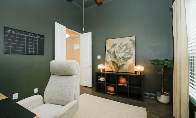 8823 Leaning Hollow Ln, Spring, TX 77379 - living area with ceiling fan, wood finished floors, a towering ceiling, and ornamental molding
