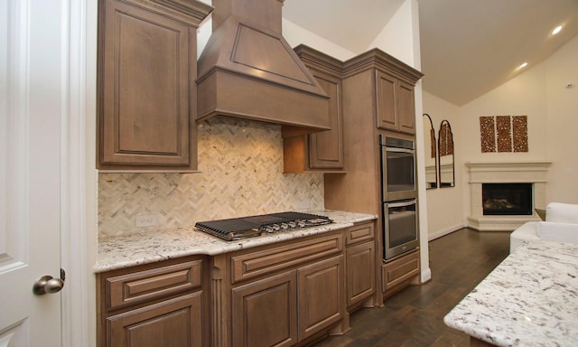 8823 Leaning Hollow Ln, Spring, TX 77379 - kitchen with appliances with stainless steel finishes, custom range hood, vaulted ceiling, decorative backsplash, and dark wood-type flooring