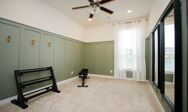 8823 Leaning Hollow Ln, Spring, TX 77379 - exercise area with a decorative wall, a ceiling fan, light colored carpet, recessed lighting, and wainscoting