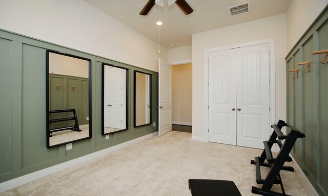 8823 Leaning Hollow Ln, Spring, TX 77379 - exercise area with light colored carpet, a ceiling fan, and recessed lighting