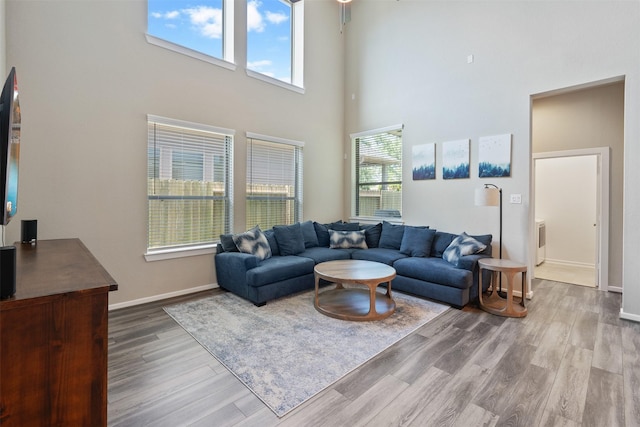 235 Crest Edge St, Montgomery, TX 77316 - living room with wood finished floors, a high ceiling, and baseboards