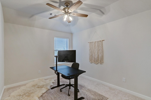 20923 Grand Surprise Ct, Cypress, TX 77433 - carpeted office with ceiling fan, baseboards, and vaulted ceiling