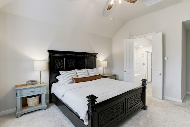 20923 Grand Surprise Ct, Cypress, TX 77433 - bedroom featuring light colored carpet, vaulted ceiling, ensuite bath, baseboards, and a ceiling fan