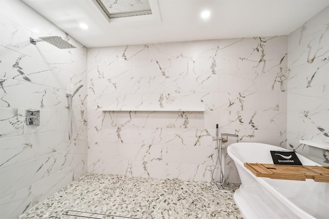 2742 Triway Ln, Houston, TX 77043 - full bathroom featuring tiled shower, a freestanding tub, tile walls, and recessed lighting