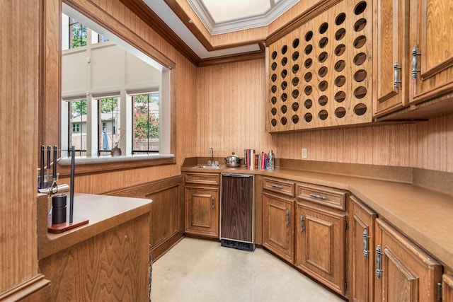 9410 Windrush Dr, Spring, TX 77379 - bar featuring a sink, crown molding, and wooden walls
