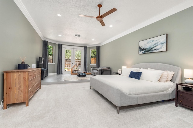 9410 Windrush Dr, Spring, TX 77379 - bedroom with ornamental molding, recessed lighting, light carpet, baseboards, and a ceiling fan