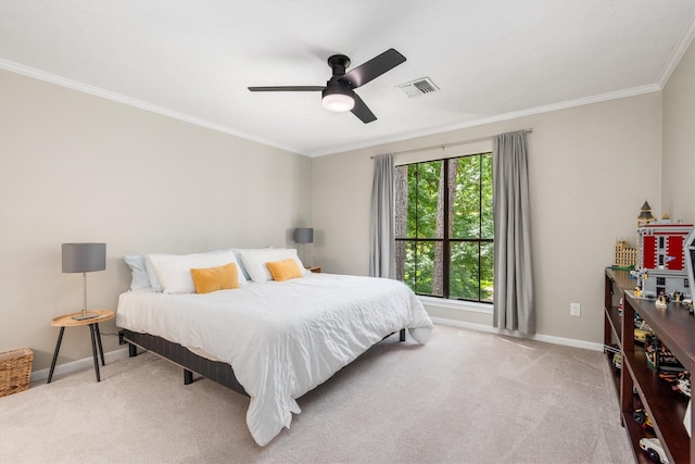 9410 Windrush Dr, Spring, TX 77379 - carpeted bedroom featuring baseboards, ornamental molding, and a ceiling fan