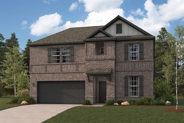3508 Monroe St, Bay City, TX 77414 - view of front of house with brick siding, driveway, an attached garage, a front yard, and board and batten siding