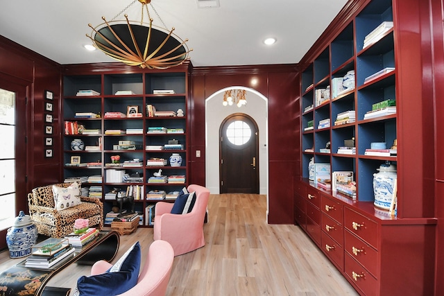 7153 Fm 1458th Rd, Sealy, TX 77474 - office featuring arched walkways, ornamental molding, light wood-style flooring, and recessed lighting