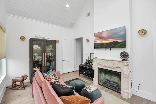 7153 Fm 1458th Rd, Sealy, TX 77474 - living room with wood finished floors, high vaulted ceiling, wood ceiling, and baseboards
