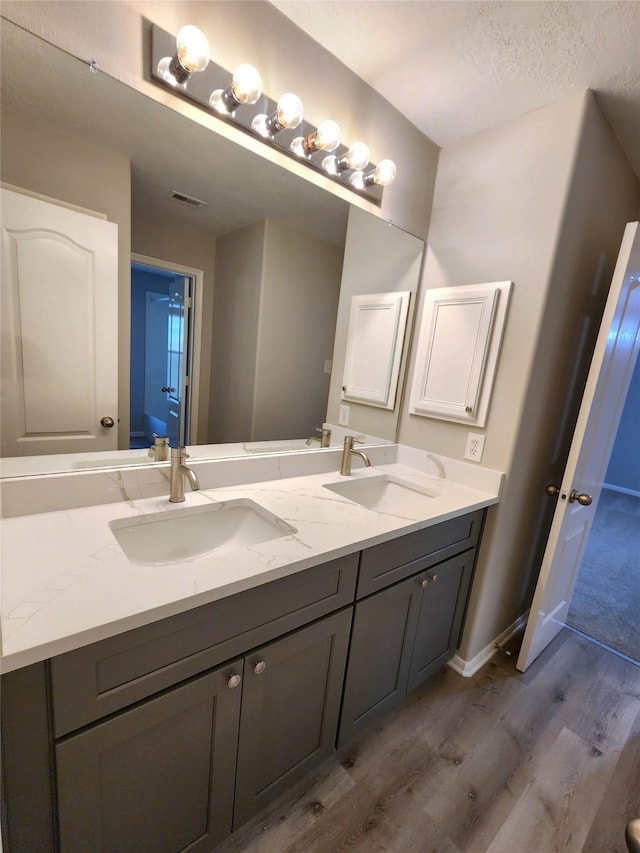 2623 Sable Ridge Ln, Katy, TX 77494 - bathroom with wood finished floors, double vanity, and baseboards