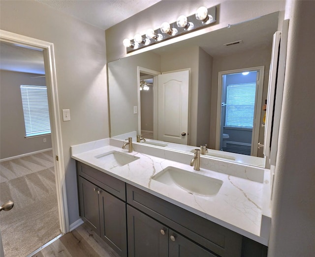 2623 Sable Ridge Ln, Katy, TX 77494 - full bathroom with double vanity, wood finished floors, and ceiling fan