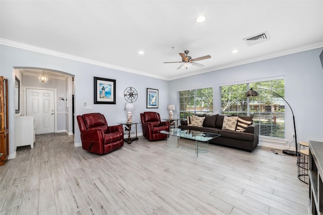 2815 Kings Crossing Dr Unit 106, Houston, TX 77345 - living area featuring arched walkways, a ceiling fan, ornamental molding, light wood finished floors, and recessed lighting